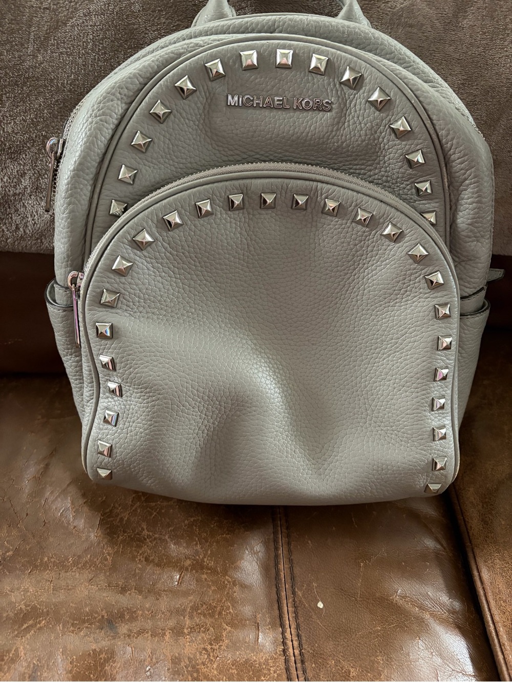 Michael Kors Gray Pebbled Leather Studded Backpack